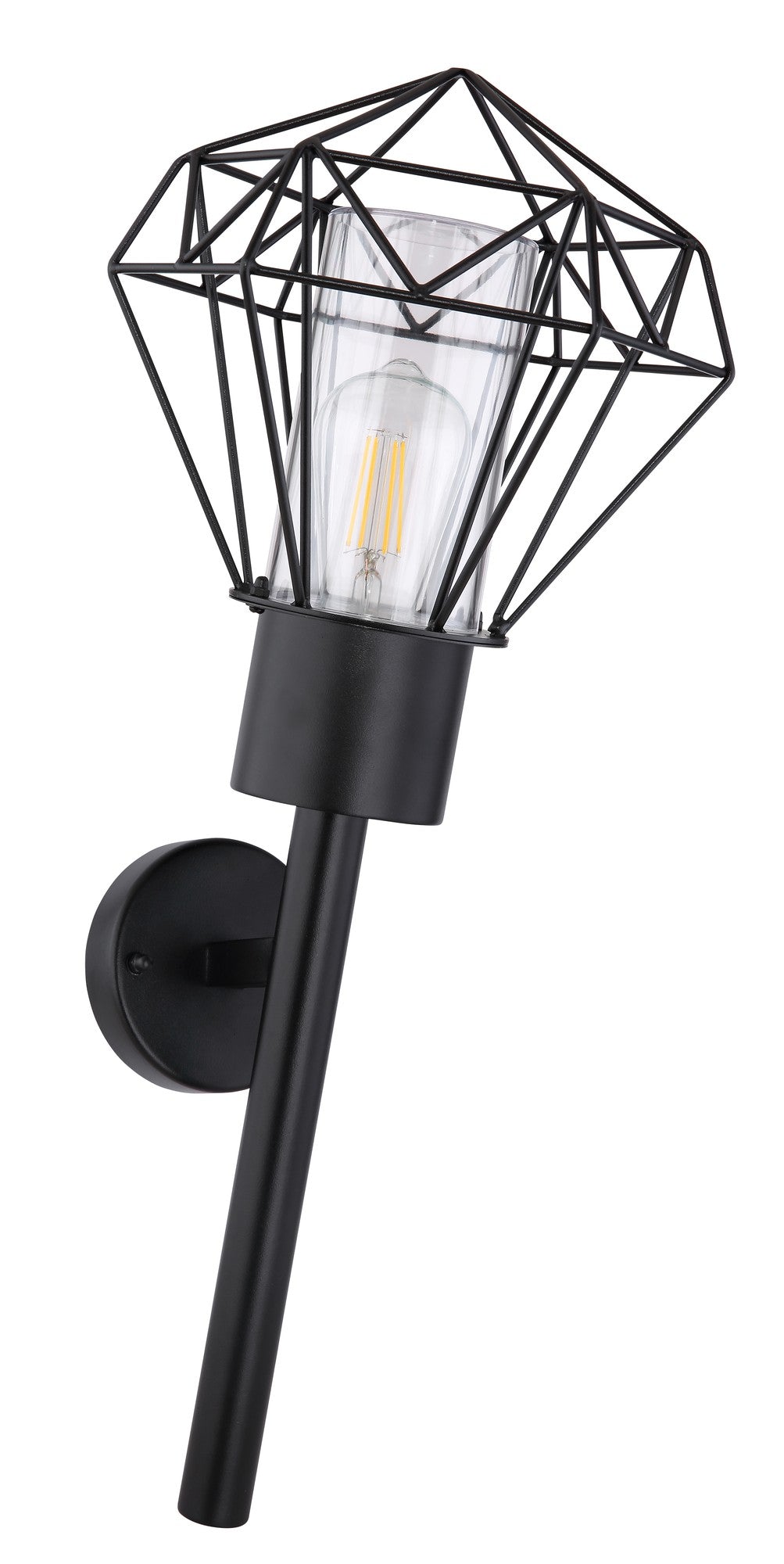Zwarte metalen buitenwandlamp met glazen koker en geometrisch draadframe – afbeelding 1
