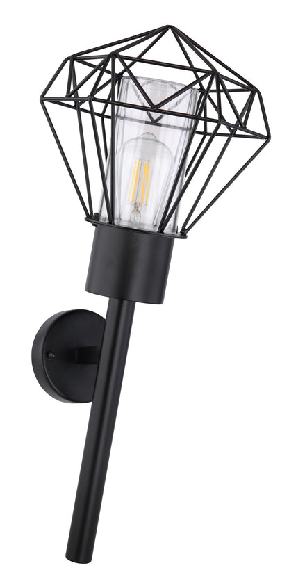 Zwarte metalen buitenwandlamp met glazen koker en geometrisch draadframe – afbeelding 1
