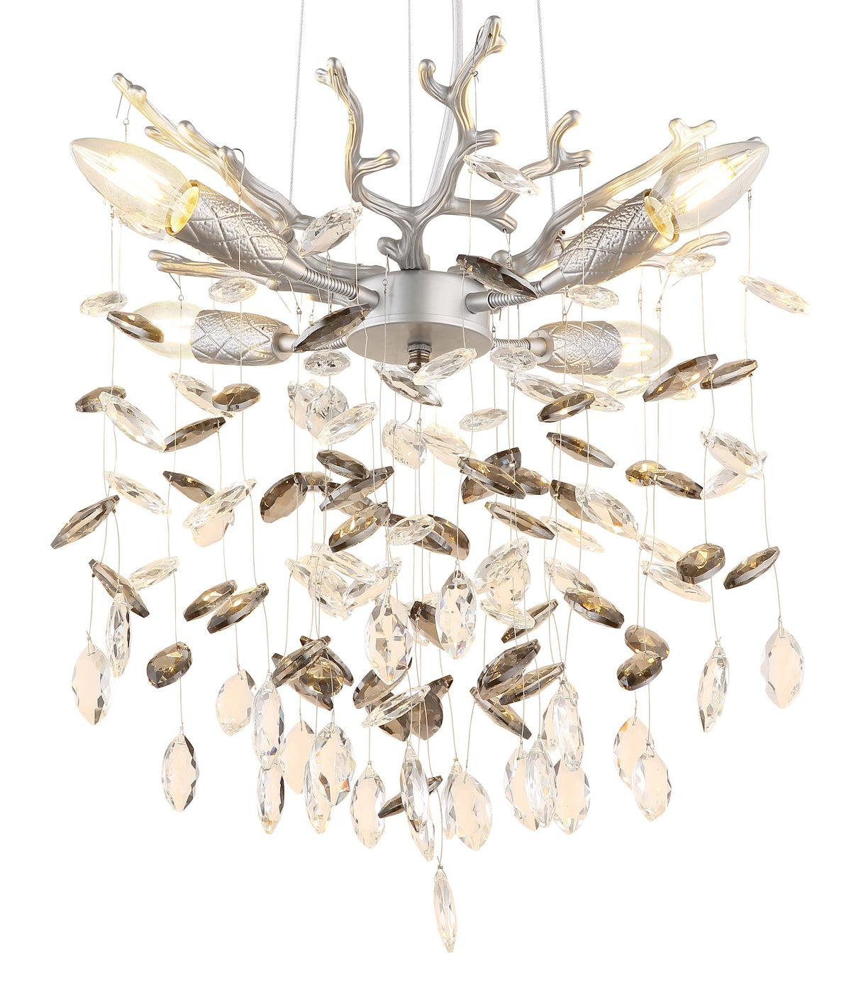 Zilverkleurige metalen hanglamp met glazen blaadjes en vertakte armen – afbeelding 2
