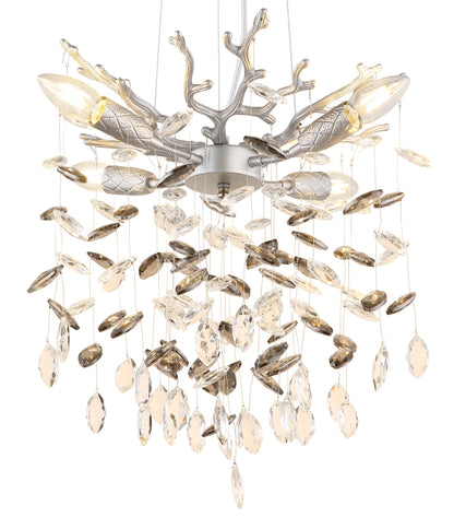 Zilverkleurige metalen hanglamp met glazen blaadjes en vertakte armen – afbeelding 2