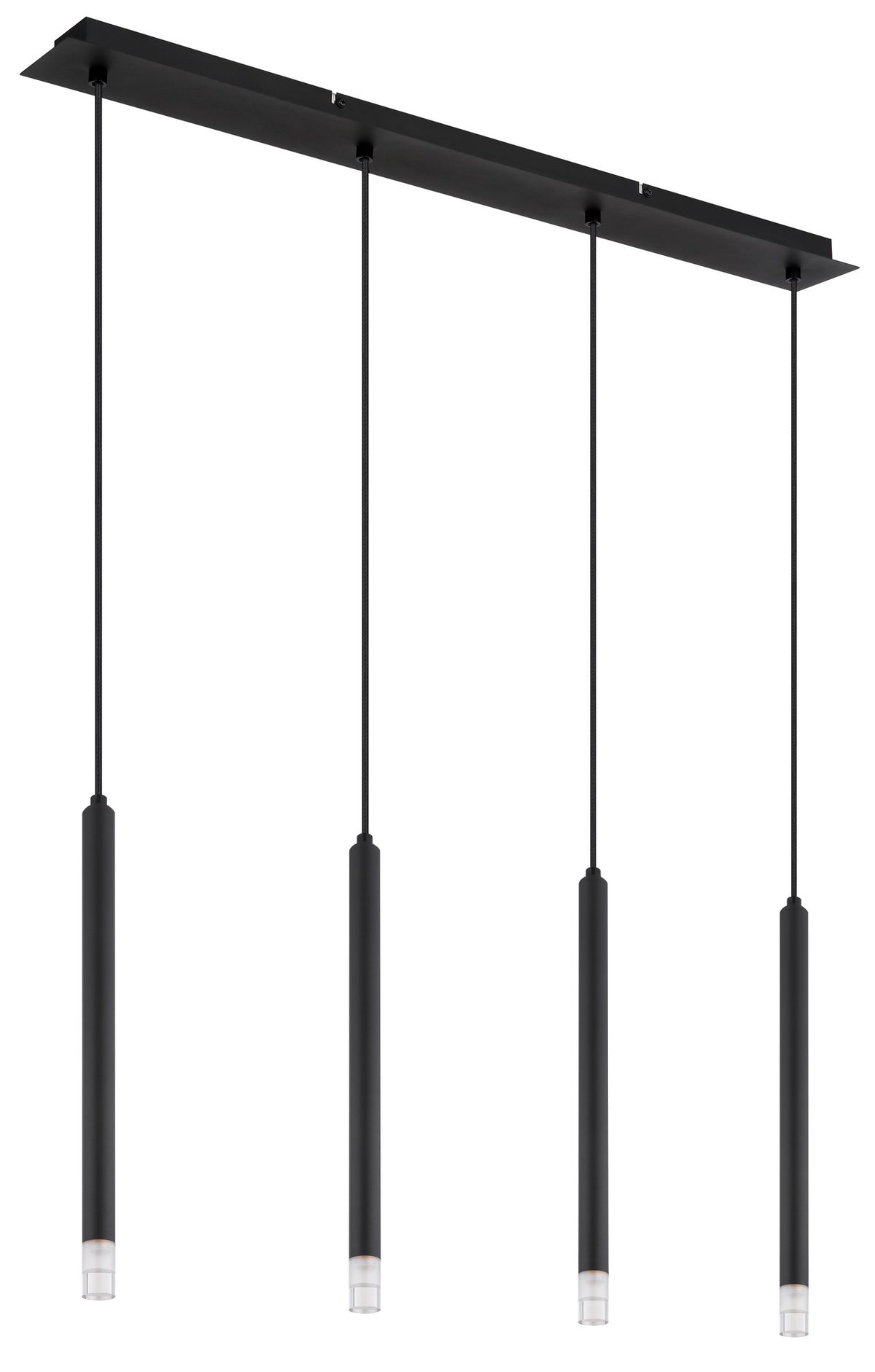 Zwarte metalen hanglamp met cilindervormige pendels en plafondplaat – afbeelding 1
