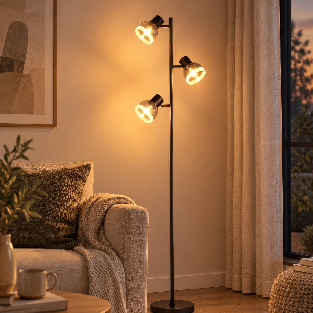 Luz de chão de 3 lâmpadas em vidro gunmetal sutil – fotografia de ambiente