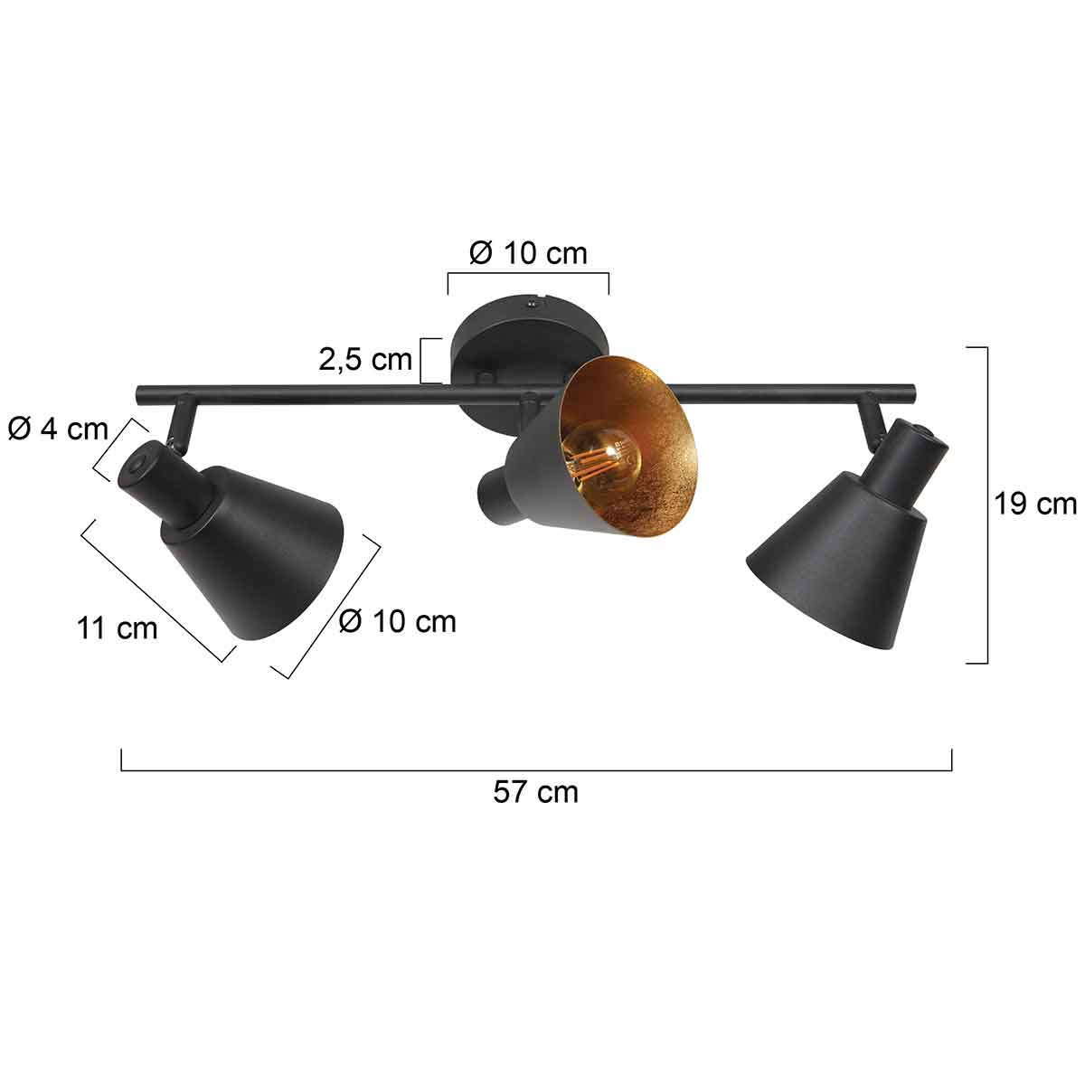 Mexlite Oeroe 3-Light Black Metal Spotlight – dimension drawing