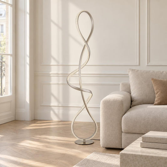 Obolg Swirl LED grindų lempa su lenktu dizainu – interjero nuotrauka