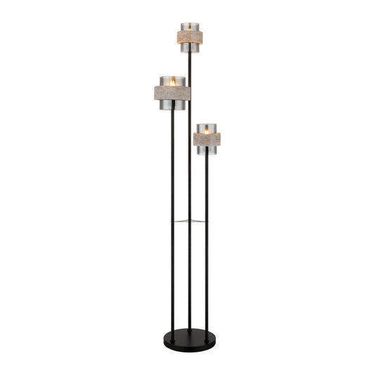 Zwarte metalen vloerlamp met rookglazen kappen en grijze stenen banden