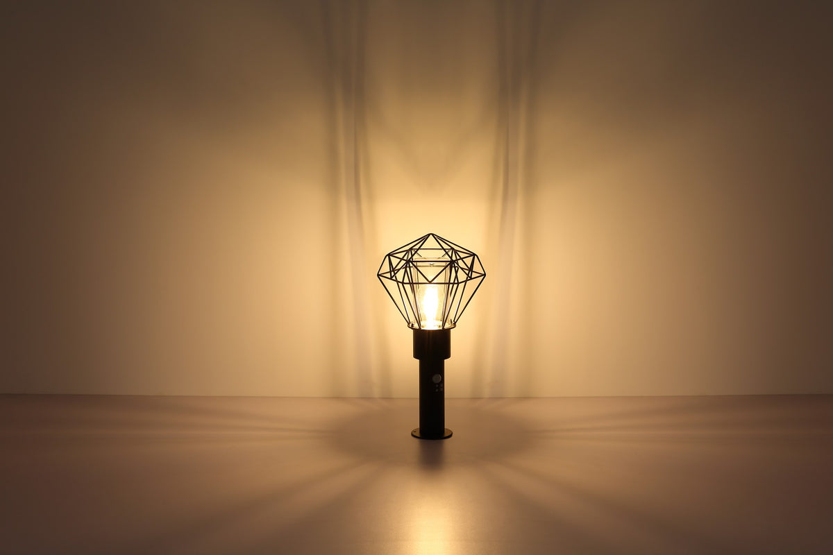 Zwarte metalen staande buitenlamp met draadframe en glazen cilinder – afbeelding 4
