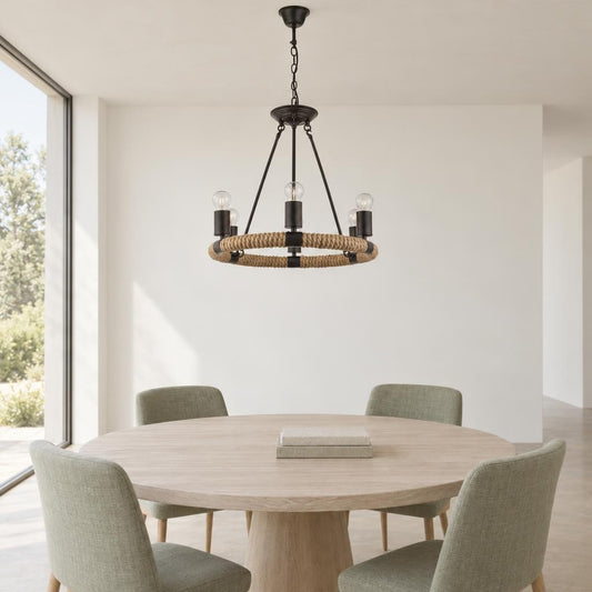 Obolg Ulleu kroonluchter zwart/naturel – 6 lichtpunten – sfeerbeeld