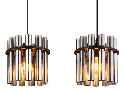 Zwarte metalen hanglamp met geribbelde rookglazen kappen – afbeelding 3