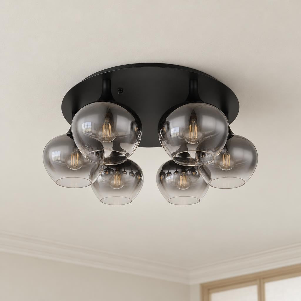 Obolg Maxy plafondlamp zwart met rookglas, 6-lichts – sfeerbeeld