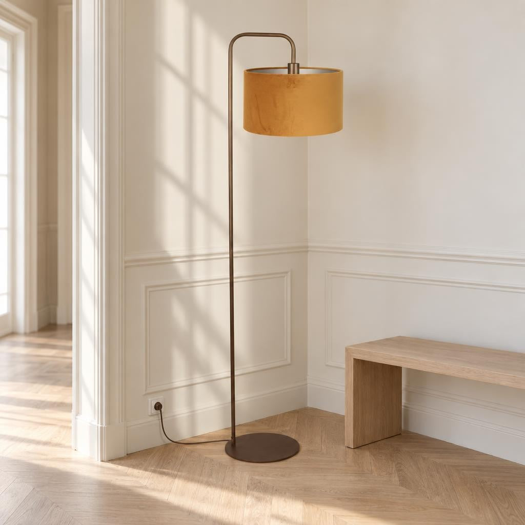 Mexlite Forma Bronze Floor Lamp with Gold Velvet Shade – lifestyle image