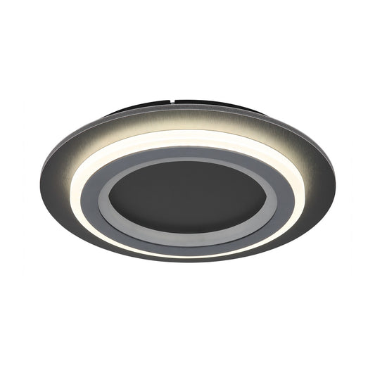 Zwarte metalen plafondlamp met brede lichtkrans en concentrische ringen