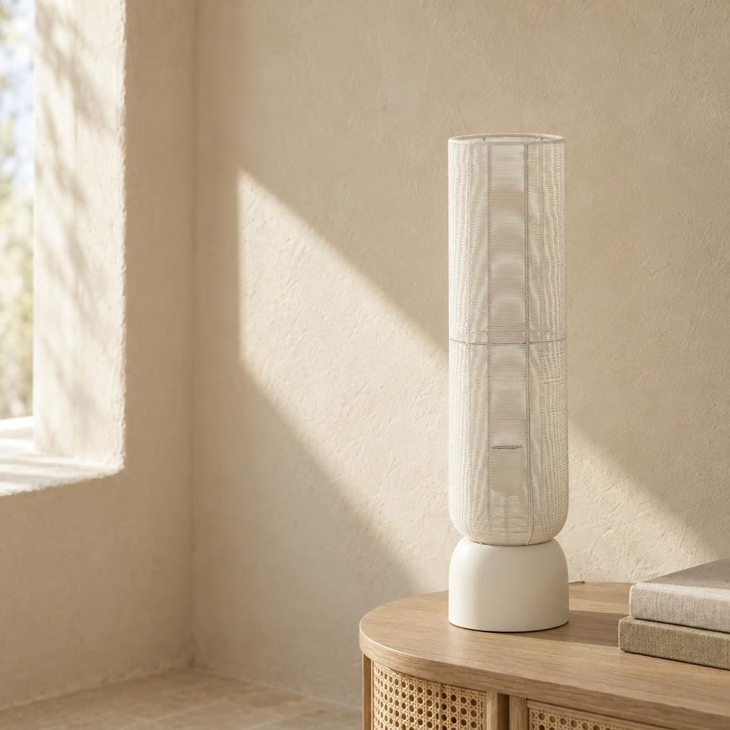 Høj cylindrisk bordlampe Lezuza i offwhite – stemningsbillede