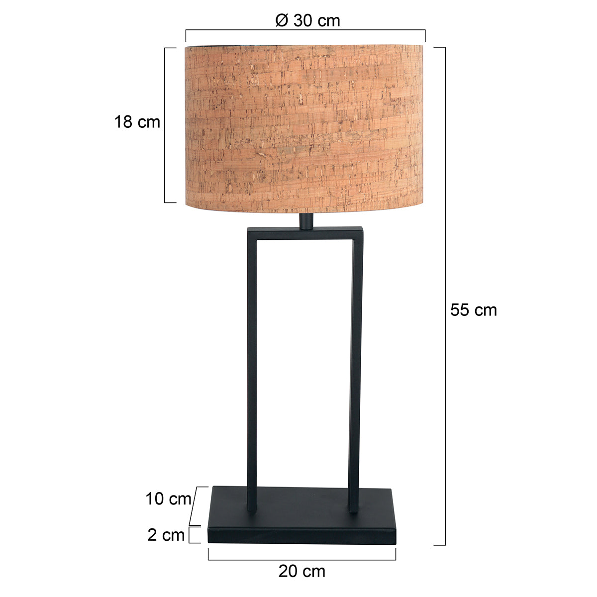 Černá stolní lampa Steinhauer Stang s korkovým stínidlem – rozměrový nákres