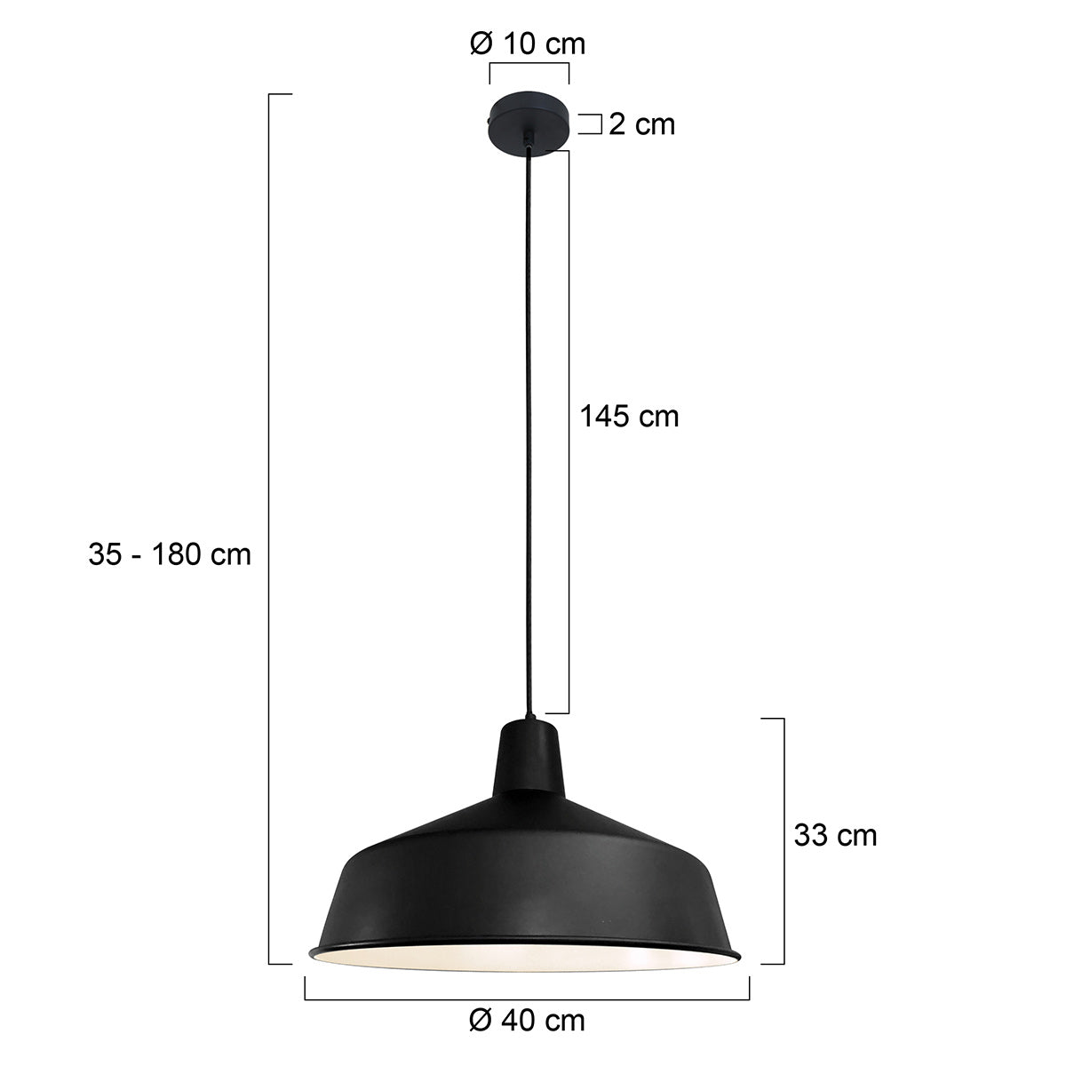 Industriální černá závěsná lampa Mexlite Blackmoon Ø40 cm – rozměrový nákres