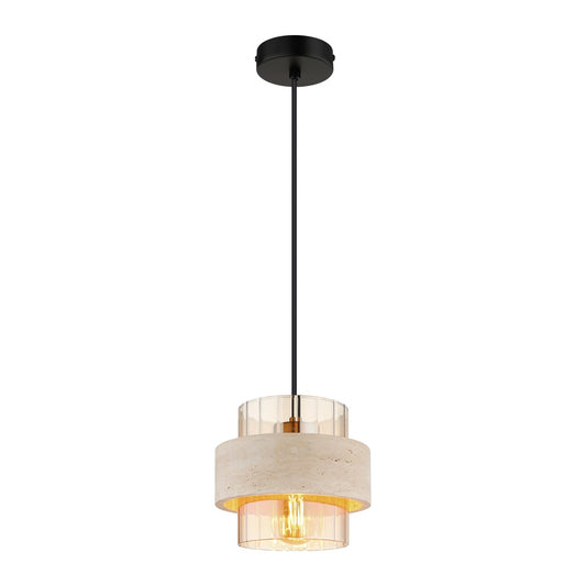 Beige stenen hanglamp met amberkleurige glazen cilinder en ronde kap