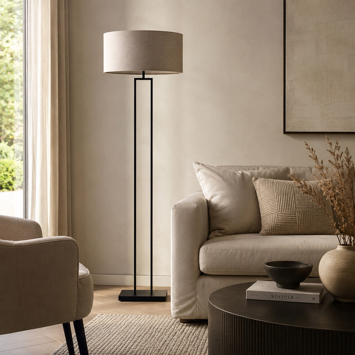 Steinhauer Stang Black Floor Lamp with Grey Linen Shade – image 2