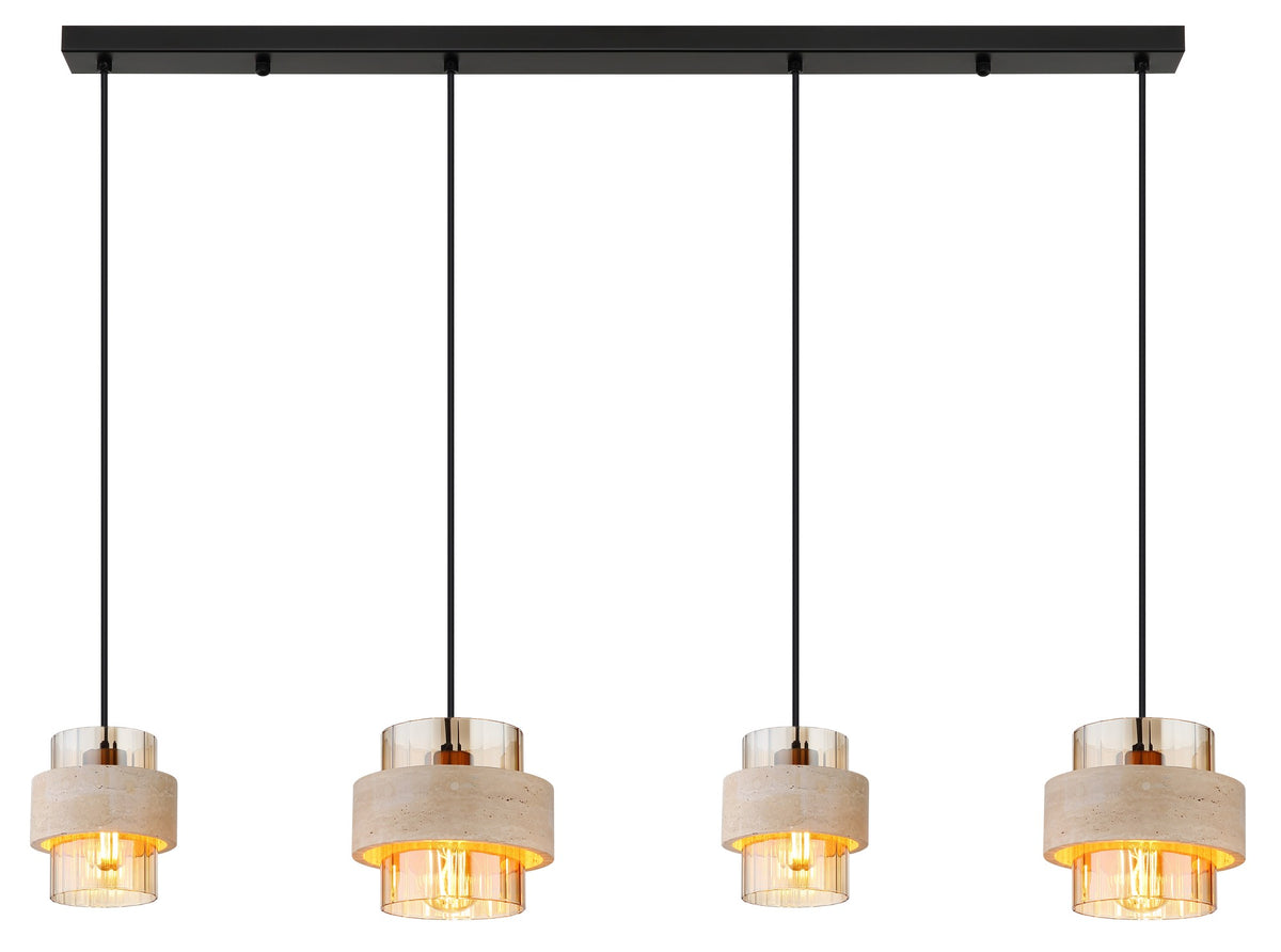 Zwarte metalen hanglamp met vier amberkleurige glazen kappen – afbeelding 2