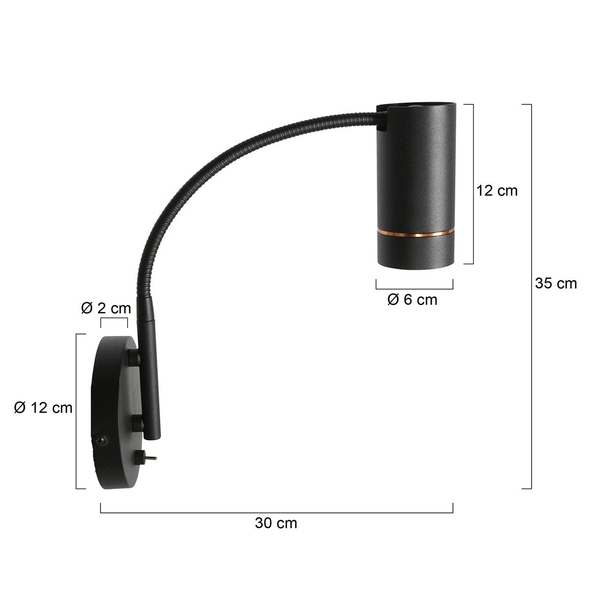 Crna fleksibilna zidna lampa GU10 Downlume – skica s dimenzijama