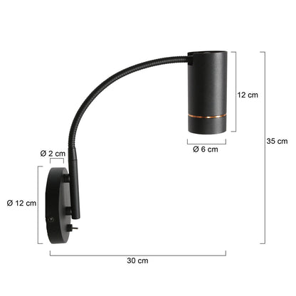 Crna fleksibilna zidna lampa GU10 Downlume – skica s dimenzijama