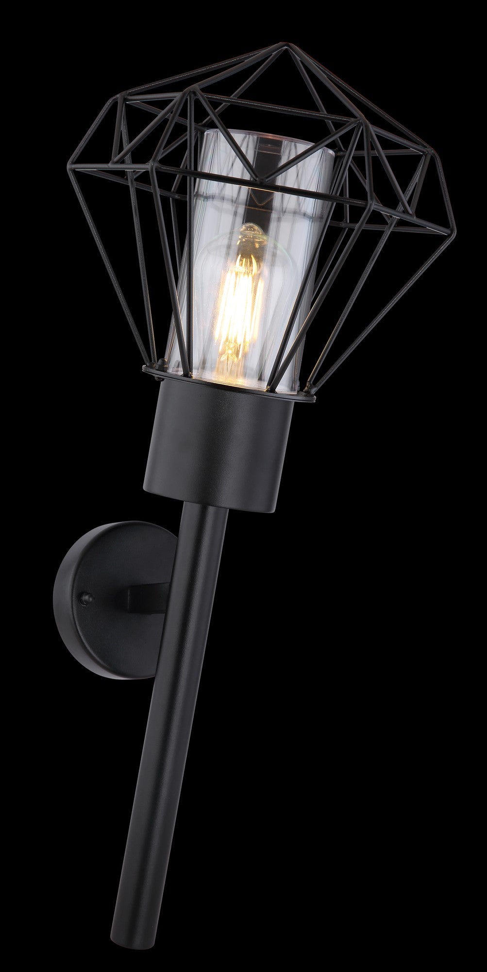 Zwarte metalen buitenwandlamp met glazen koker en geometrisch draadframe – afbeelding 4