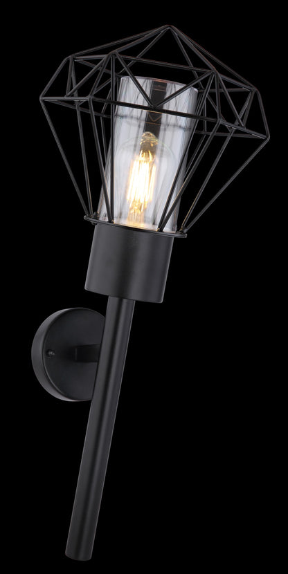 Zwarte metalen buitenwandlamp met glazen koker en geometrisch draadframe – afbeelding 4