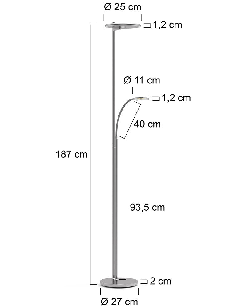 Steinhauer Turound Steel LED Floor Lamp with Reading Arm – dimension drawing