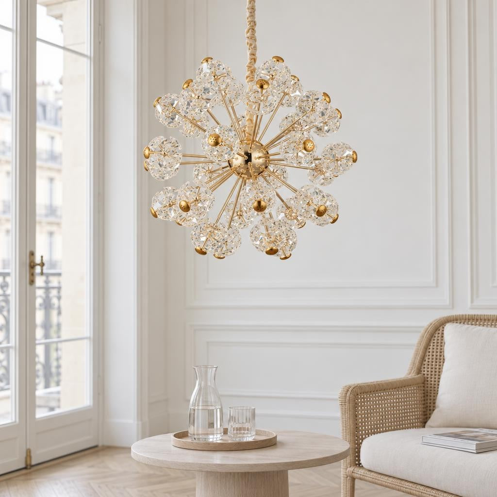Lampadario Floriella dorato in vetro – foto d'ambiente