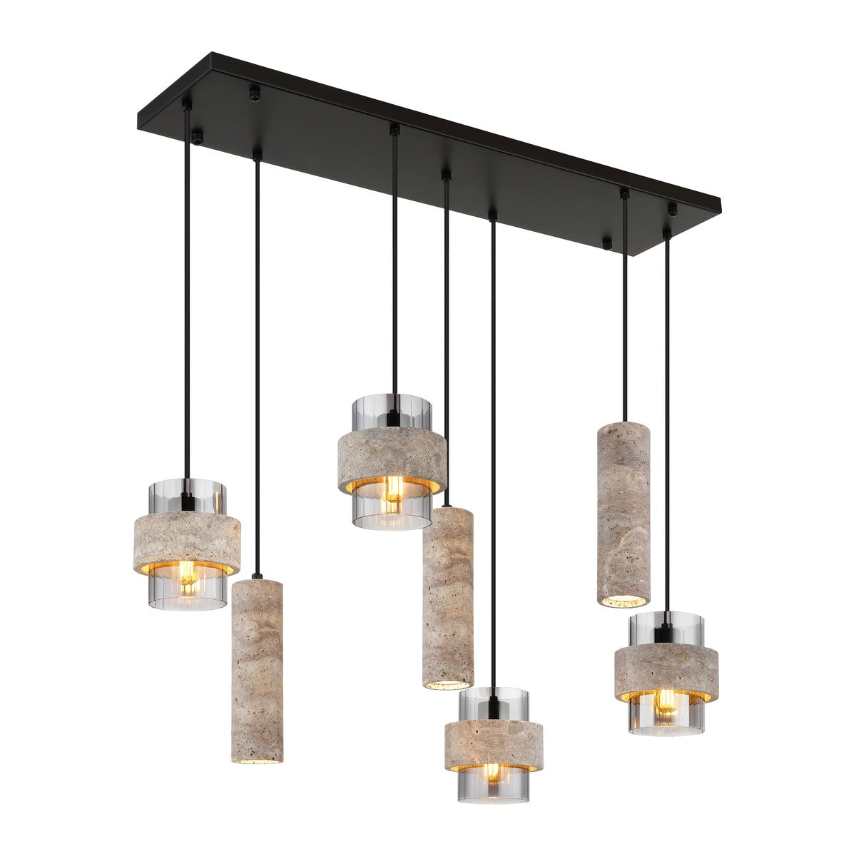 Zwarte metalen hanglamp met stenen cilinderkappen en rookglazen kokers