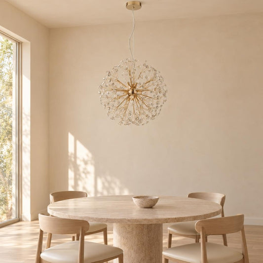 Lustre suspenso Katrina dourado com cristais K9 – fotografia de ambiente