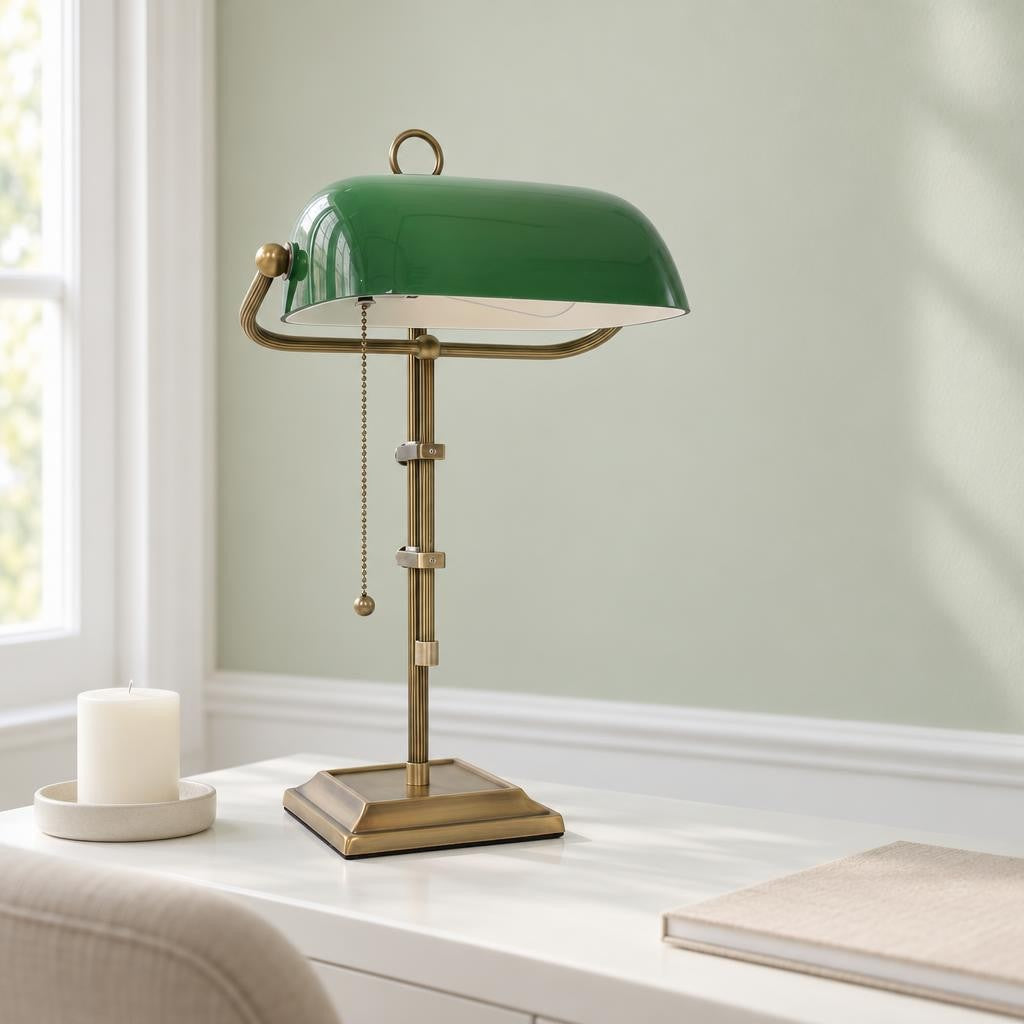 Candeeiro de Mesa Ancilla em Bronze e Vidro Verde – fotografia de ambiente