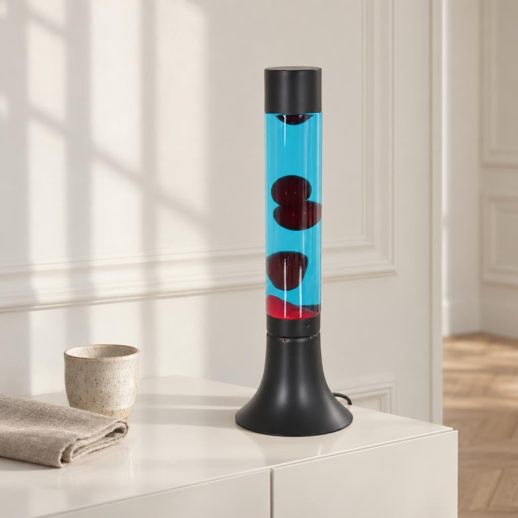 Mexlite Volcan sort lavalampe i glas og metal – stemningsbillede