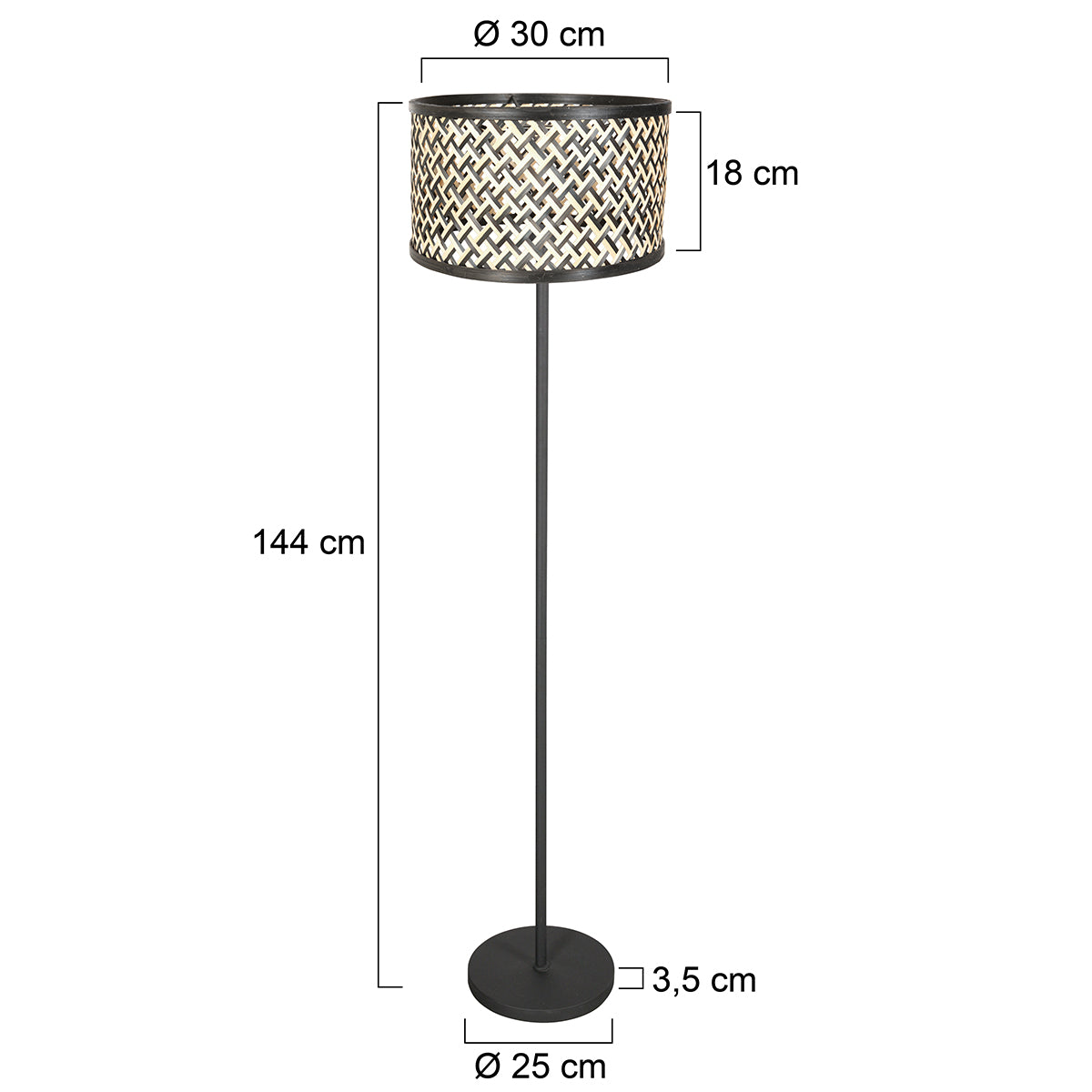 Stojacia lampa Mexlite Noor s bambusovým tienidlom – rozmerový nákres