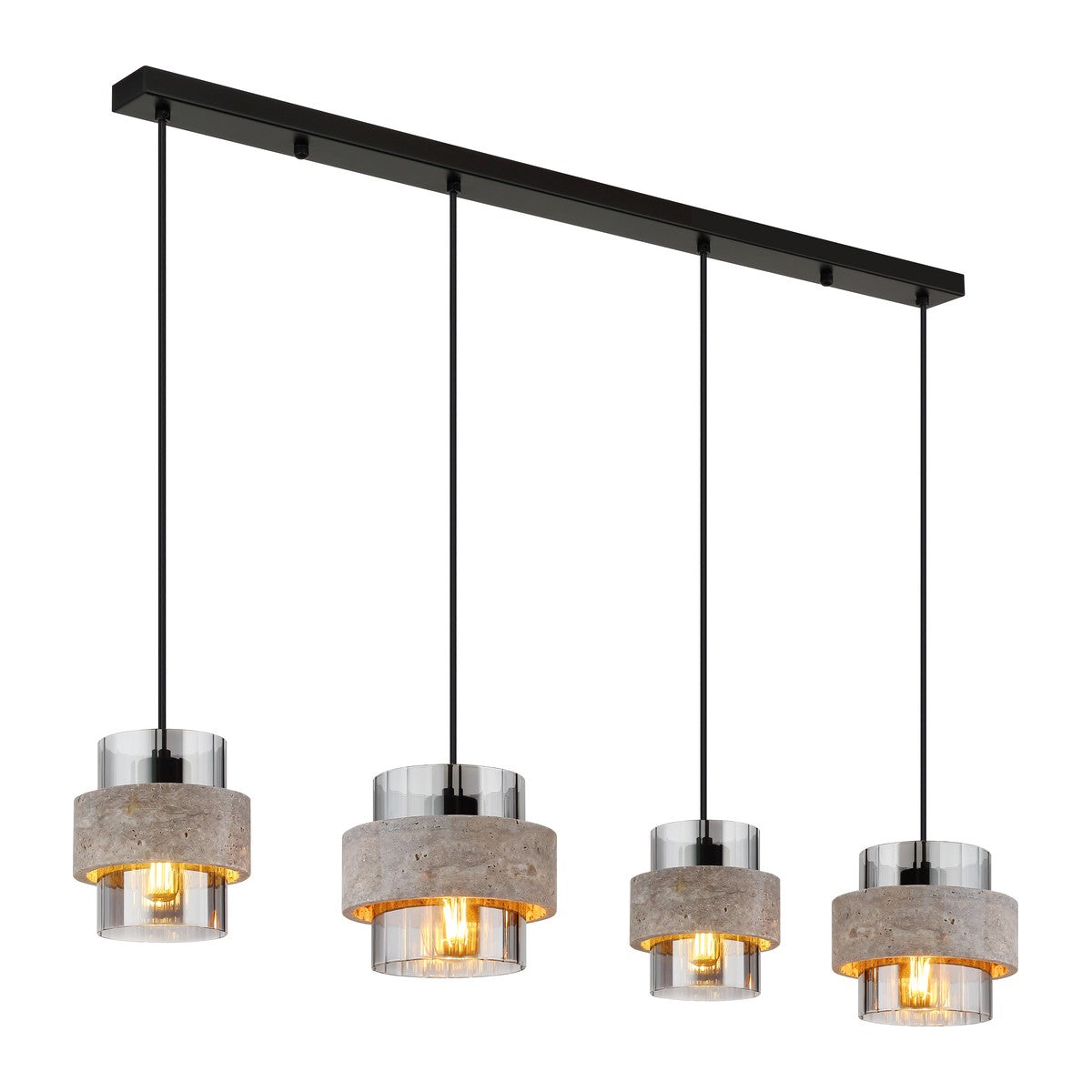 Zwarte metalen hanglamp met vier stenen ringen en rookglazen kokers