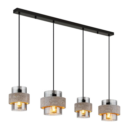 Zwarte metalen hanglamp met vier stenen ringen en rookglazen kokers