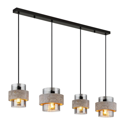 Zwarte metalen hanglamp met vier stenen ringen en rookglazen kokers