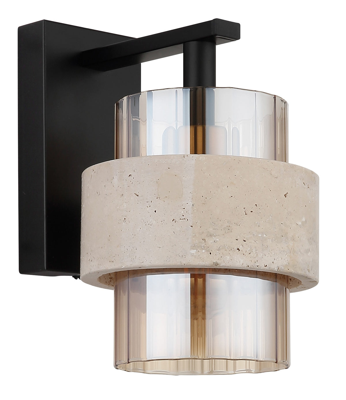 Zwarte metalen wandlamp met amberkleurig geribbeld glas en stenen band – afbeelding 1