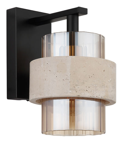 Zwarte metalen wandlamp met amberkleurig geribbeld glas en stenen band – afbeelding 1