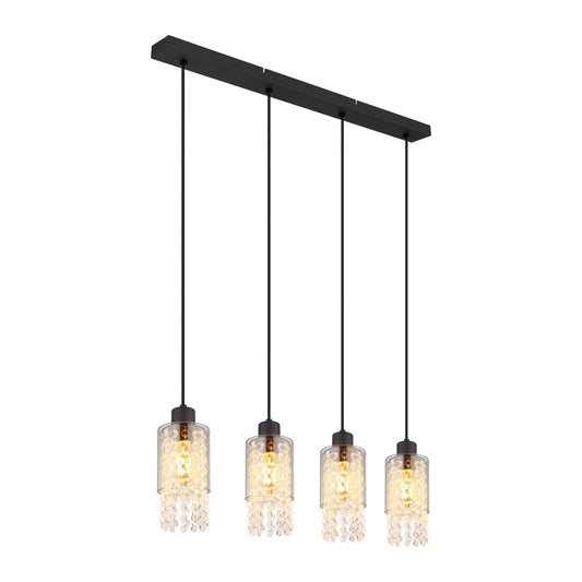 Zwarte metalen hanglamp met rookglazen kappen en kristallen hangers