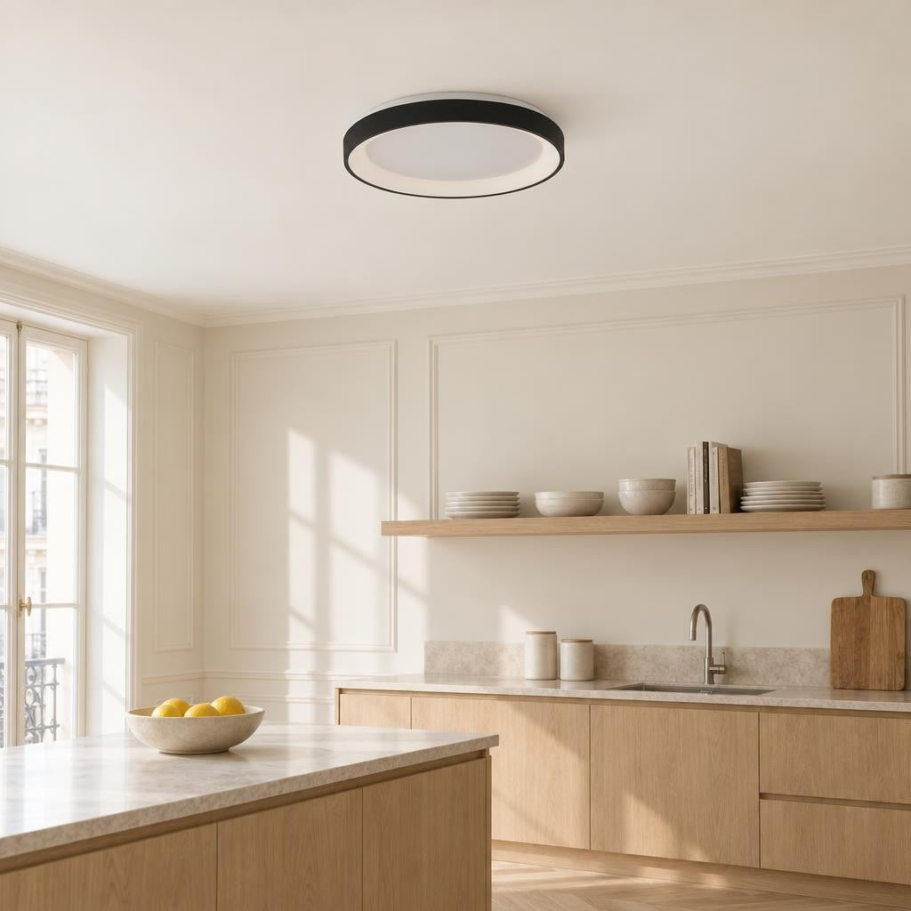 Rund svartvit LED-taklampa Steinhauer Ringlede – miljöbild