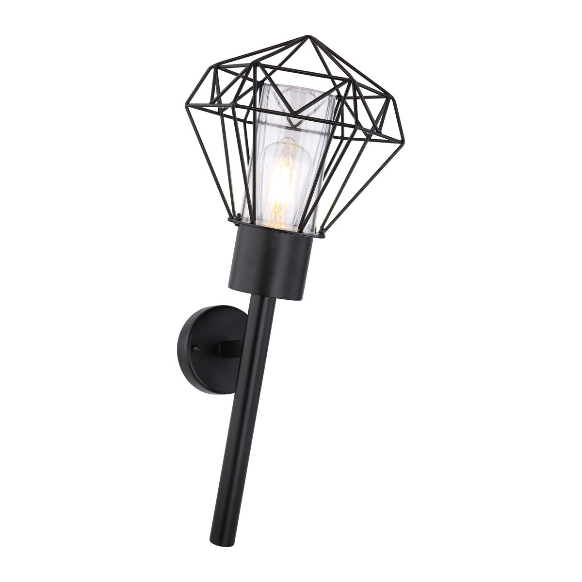 Zwarte metalen buitenwandlamp met glazen koker en geometrisch draadframe