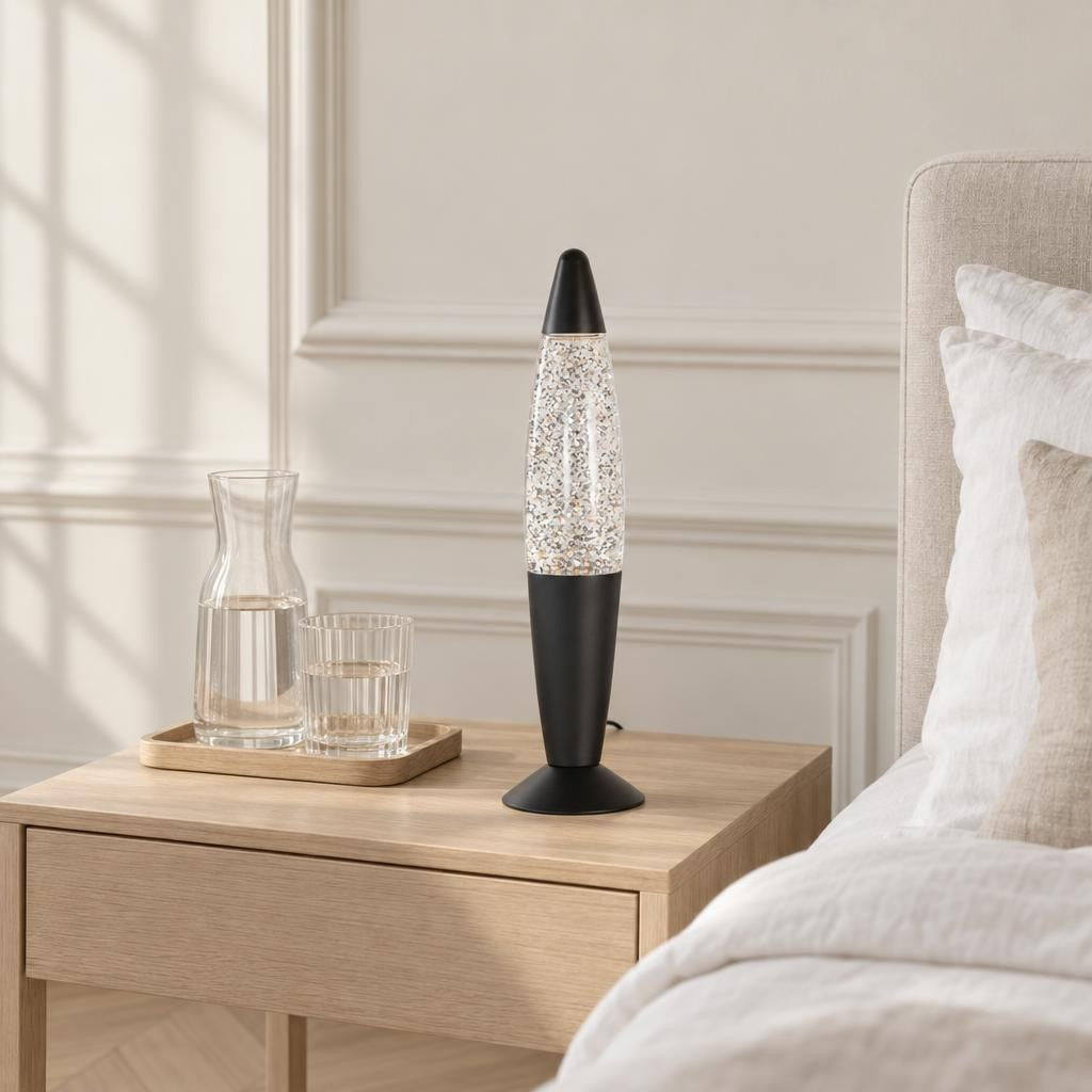 Candeeiro de Lava Glitter Retro Preto Mexlite Volcan – fotografia de ambiente