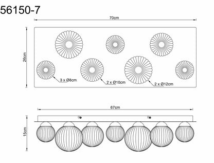 Luminária de teto de 7 luzes em vidro grande na cor cappuccino – desenho com dimensões