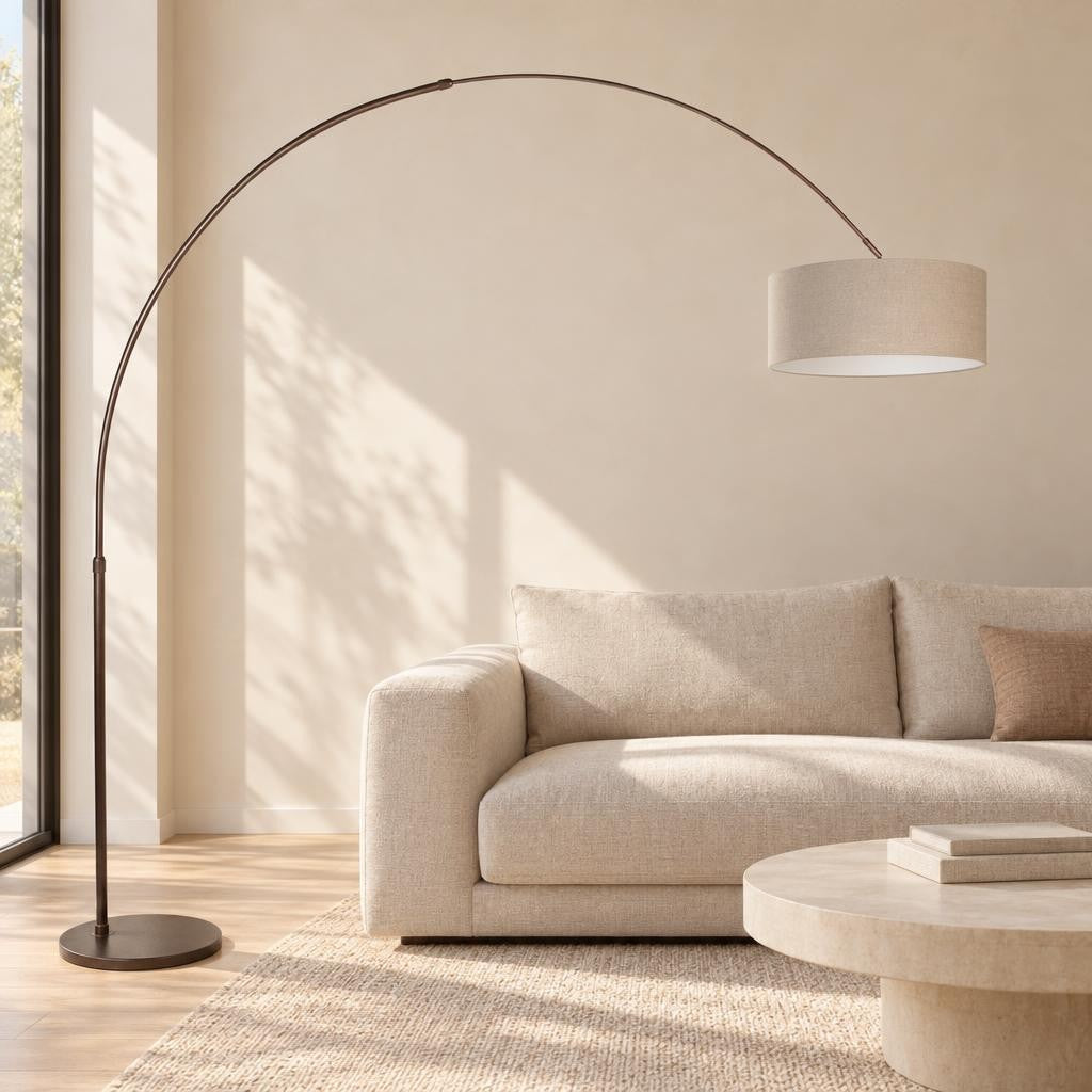 Kakao lučna podna lampa sa sivim lanenim sjenilom Steinhauer Sparkled Light – ambijentalna fotografija