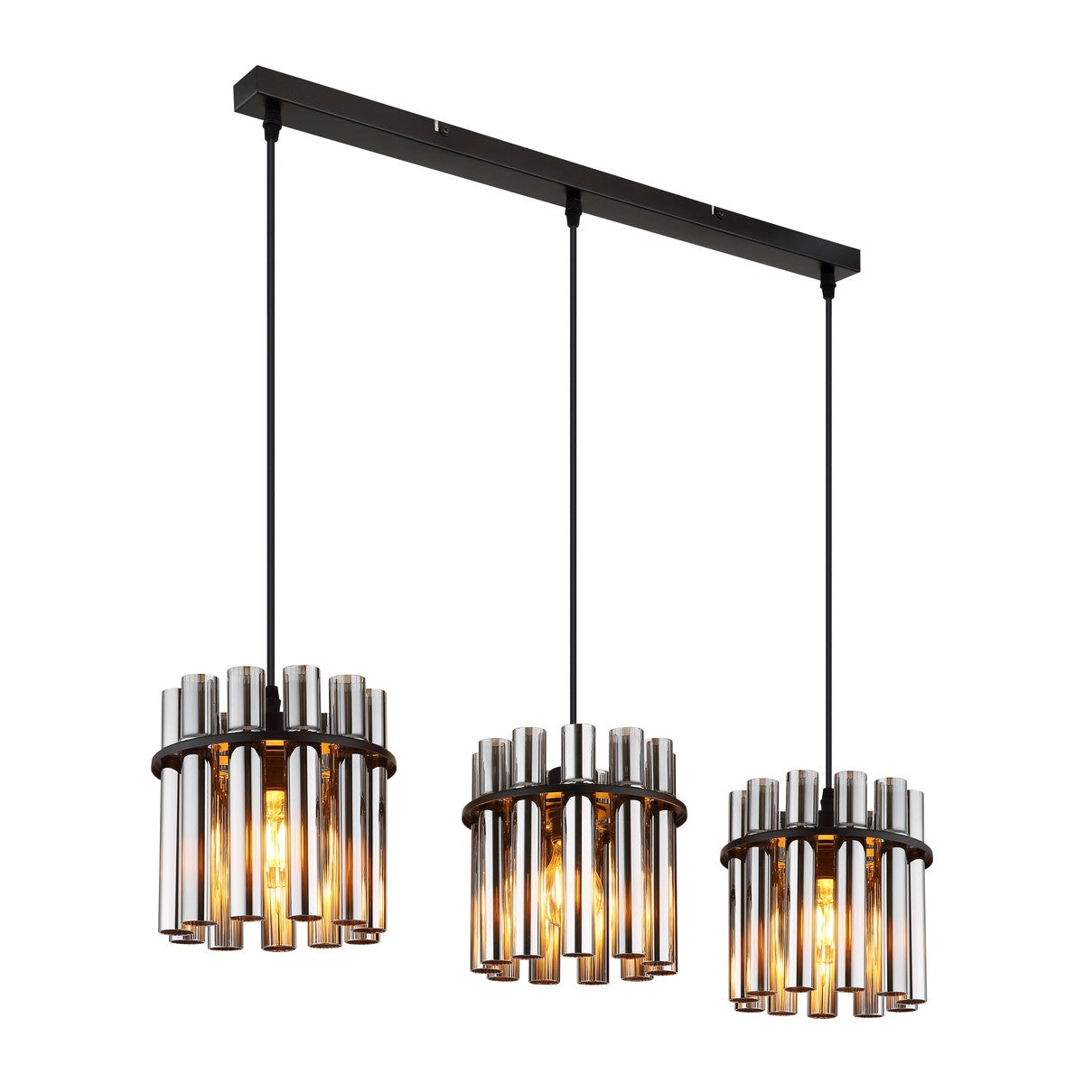 Zwarte metalen hanglamp met geribbelde rookglazen kappen