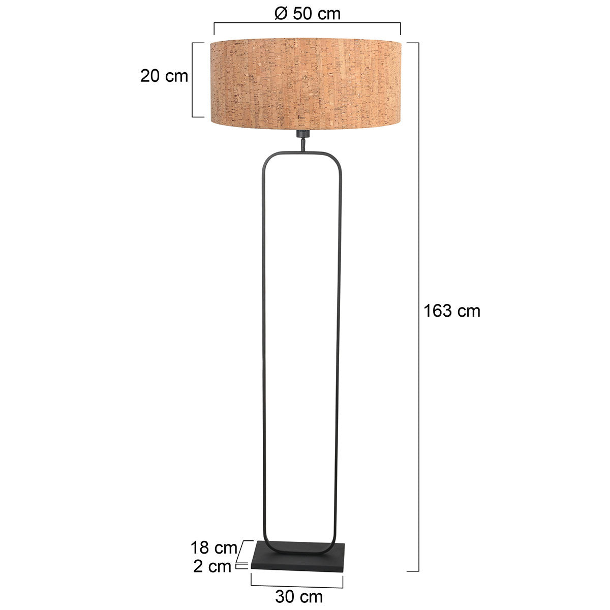 Podna lampa Stang crna s bež sjenilom 50 cm – skica s dimenzijama