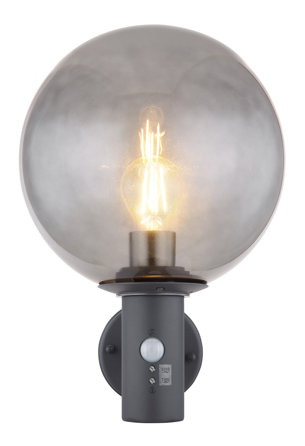 Zwarte metalen buitenwandlamp met gerookte glazen bolkap en ronde wandplaat – afbeelding 2