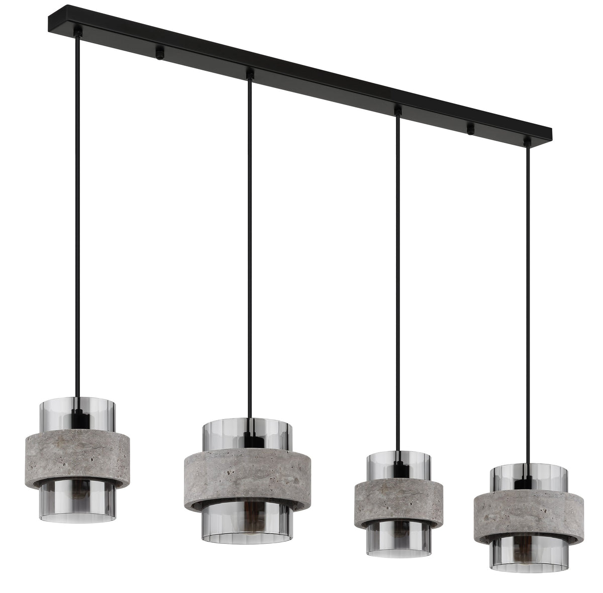 Zwarte metalen hanglamp met vier stenen ringen en rookglazen kokers – afbeelding 1