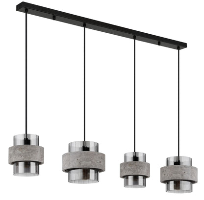 Zwarte metalen hanglamp met vier stenen ringen en rookglazen kokers – afbeelding 1