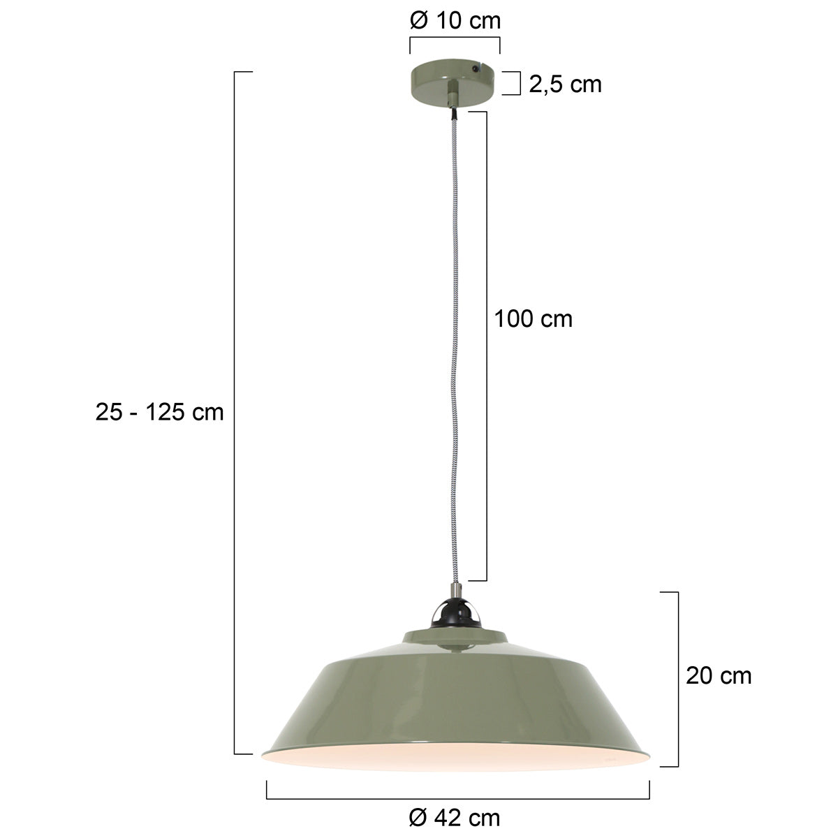 Zielona metalowa lampa wisząca Mexlite Nove – rysunek z wymiarami