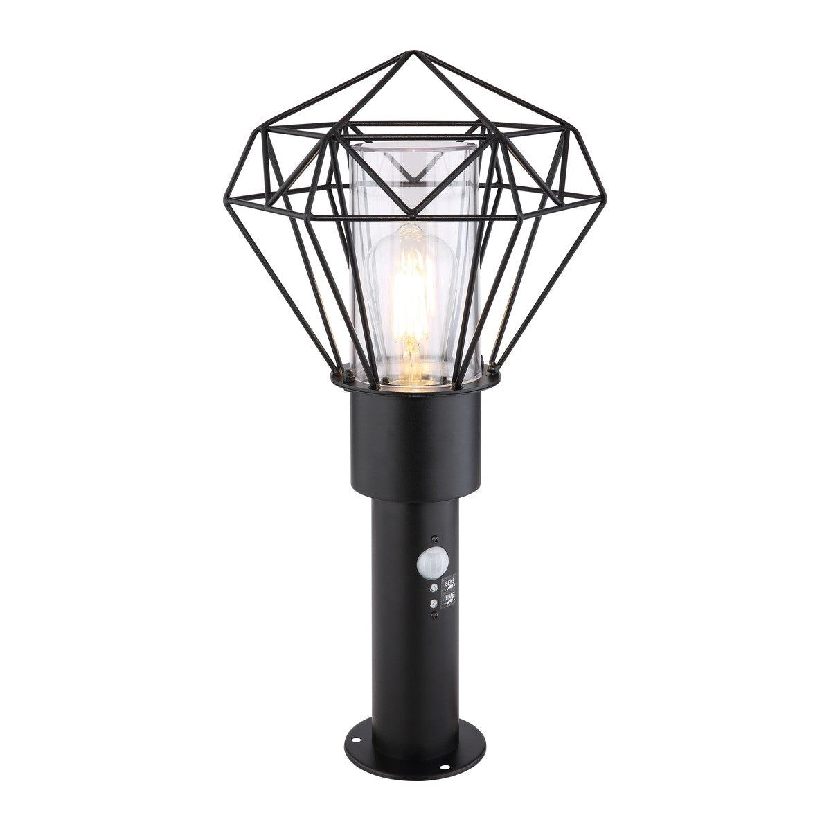 Zwarte metalen staande buitenlamp met draadframe en glazen cilinder